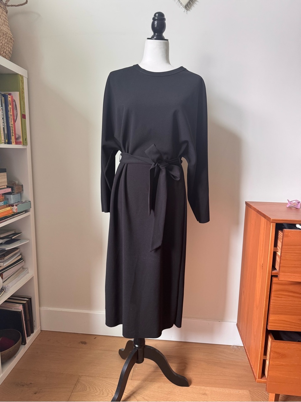 Zara Black Long Sleeve Midi Dress with Tie Belt | Size M | Minimalist